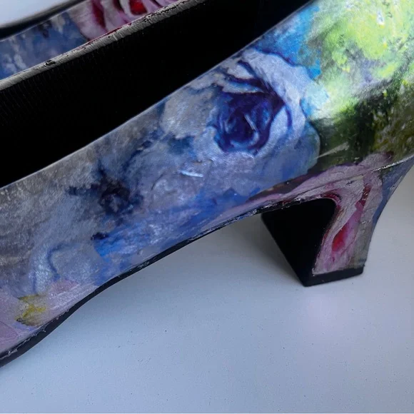 Unique custom foil pastel floral leather block heels size 8.5